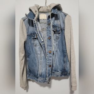 Womens hooded, denim jacket, sleeves and hood in sweatshirt material size medium